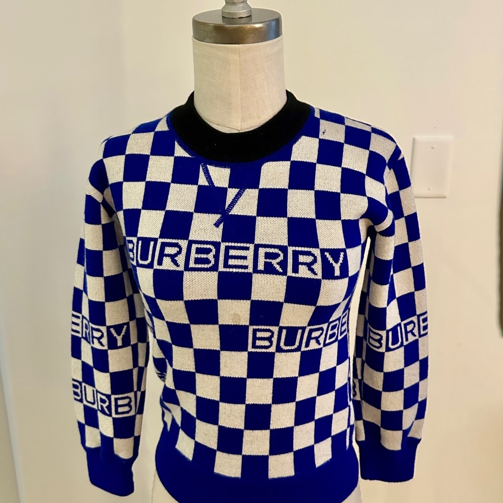 Burberry Kids Blue Check Logo Sweater 100% Merino Wool
